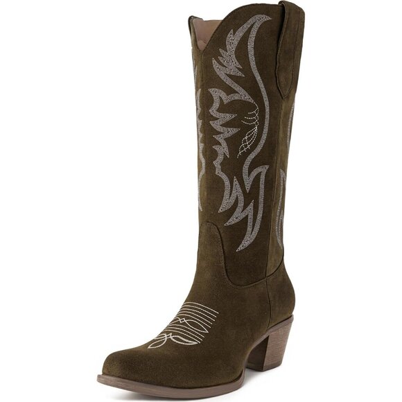 Shoes - Women's Faux Suede Pointed Heeled Western Wide Calf Embroidered Dark Green Boots